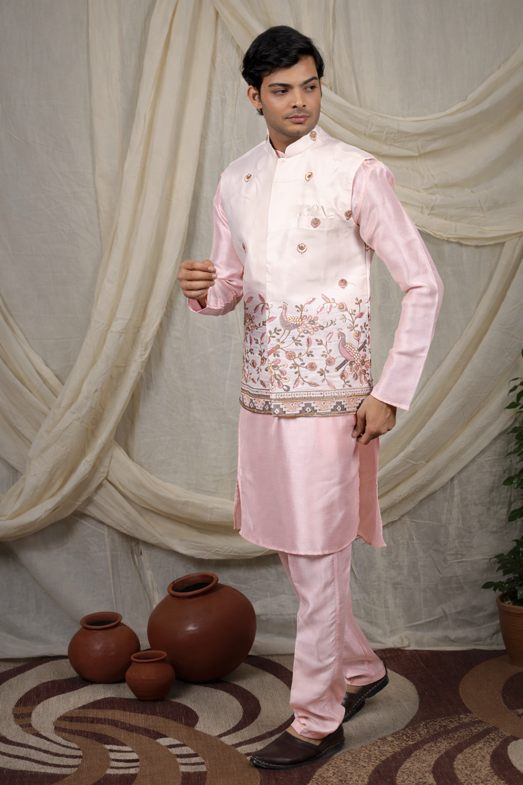 Blush Pink Silk Blend Kurta Pant with Ivory Nehru Jacket