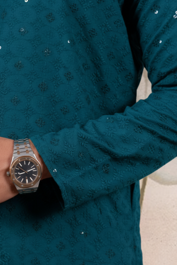 Petrol Blue Embroidered Cotton Kurta
