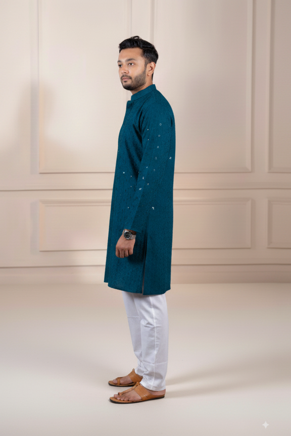 Petrol Blue Embroidered Cotton Kurta