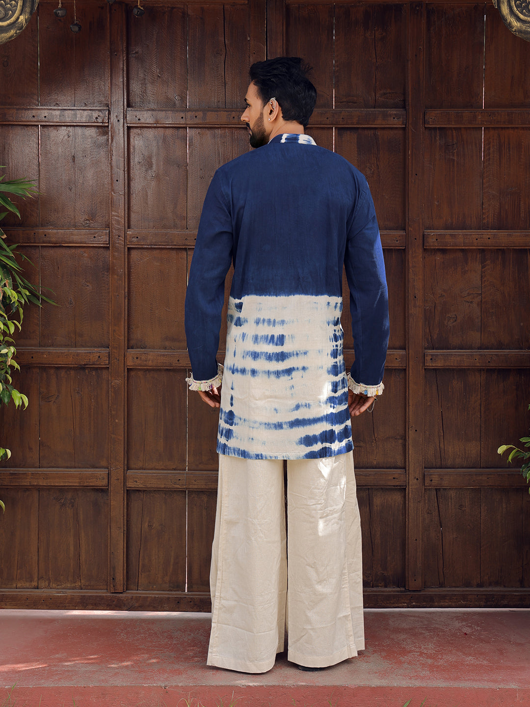 Men’s Navy Blue Cotton Mirror Work Kurta