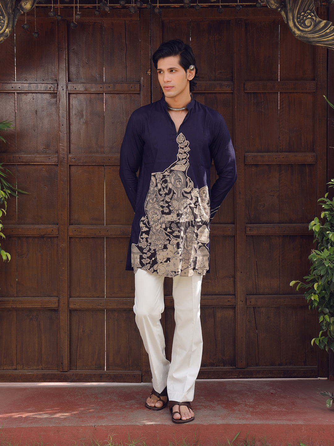 Men’s Navy Blue Cotton Printed Kurta
