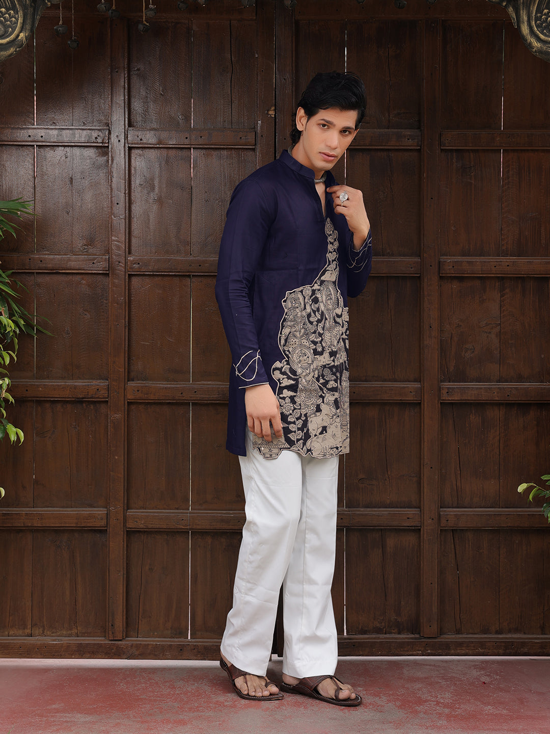 Men’s Navy Blue Cotton Printed Kurta