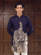 Men’s Navy Blue Cotton Printed Kurta