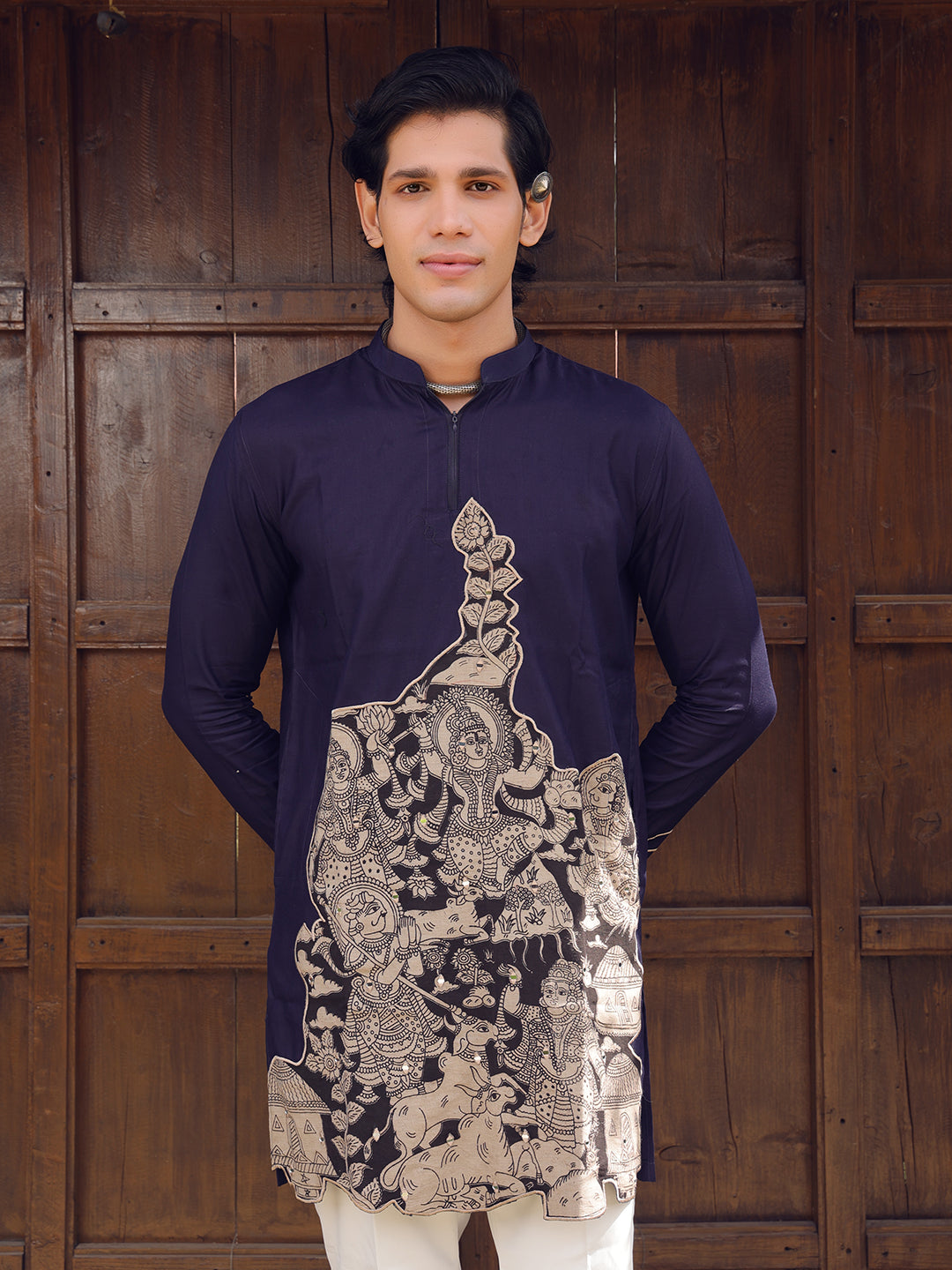 Men’s Navy Blue Cotton Printed Kurta