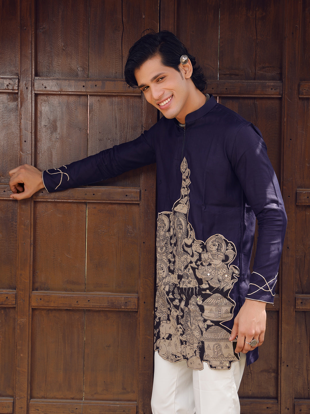 Men’s Navy Blue Cotton Printed Kurta