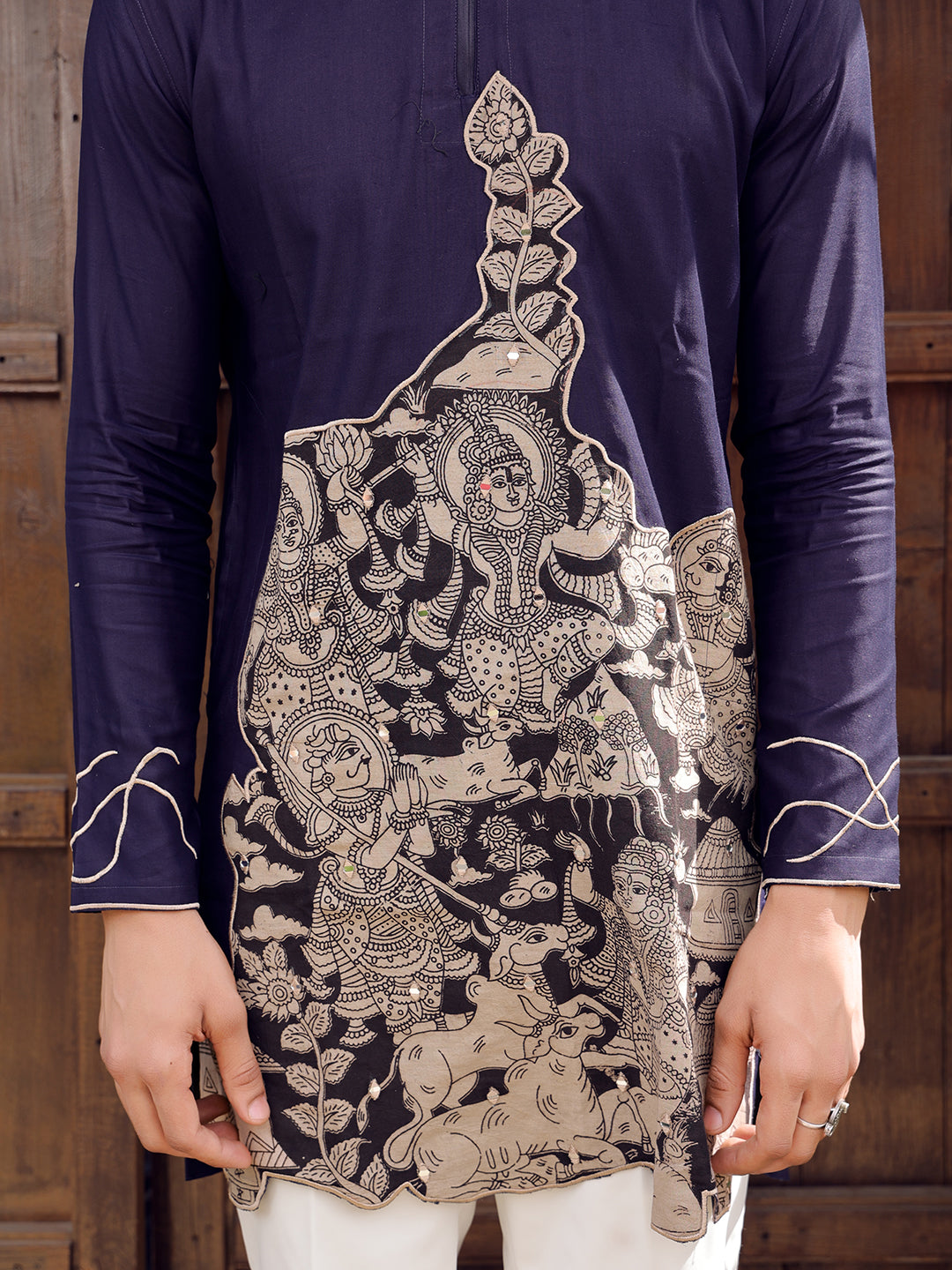 Men’s Navy Blue Cotton Printed Kurta