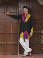 Men’s Black Cotton Multicolor Embellished Kurta
