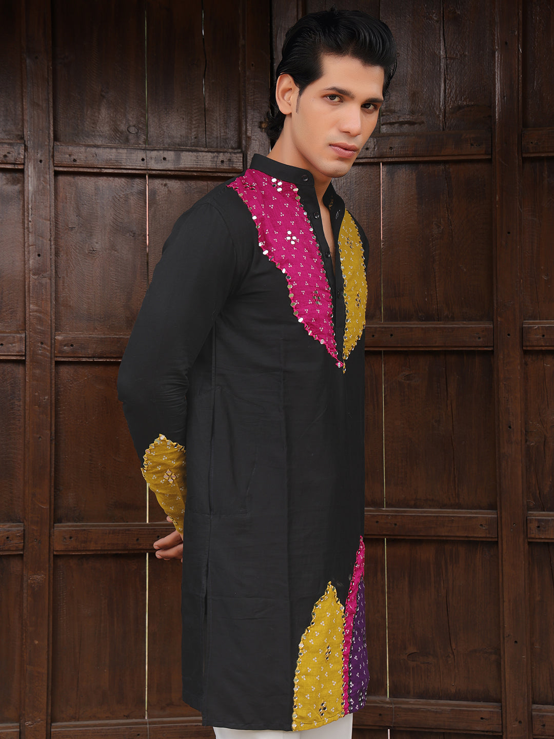 Men’s Black Cotton Multicolor Embellished Kurta