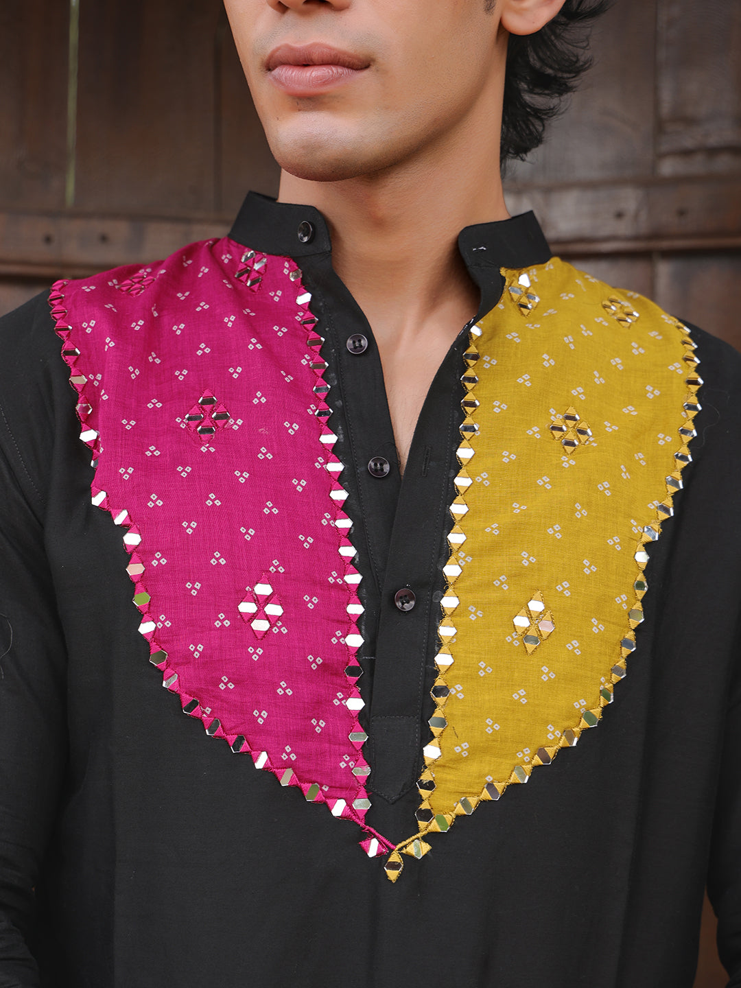 Men’s Black Cotton Multicolor Embellished Kurta