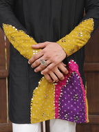 Men’s Black Cotton Multicolor Embellished Kurta