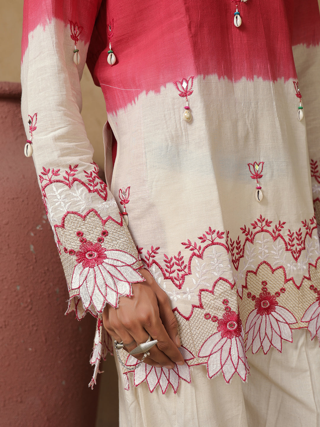 Men's Red & Off White Embroidered Cotton Kurta