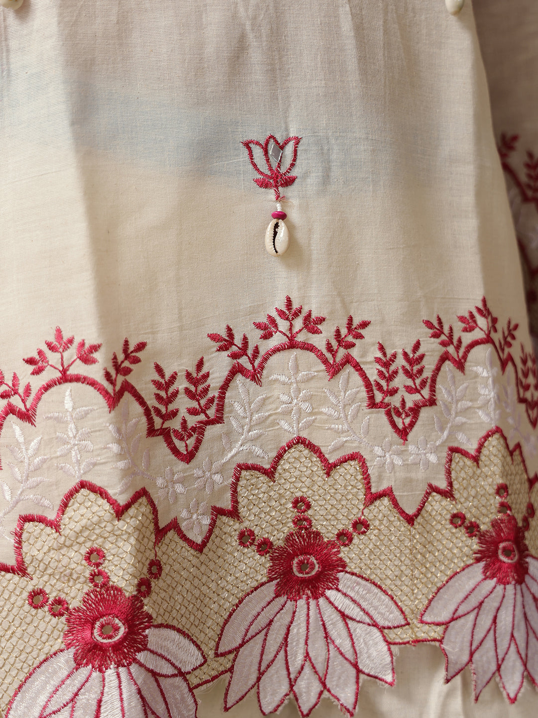 Men's Red & Off White Embroidered Cotton Kurta