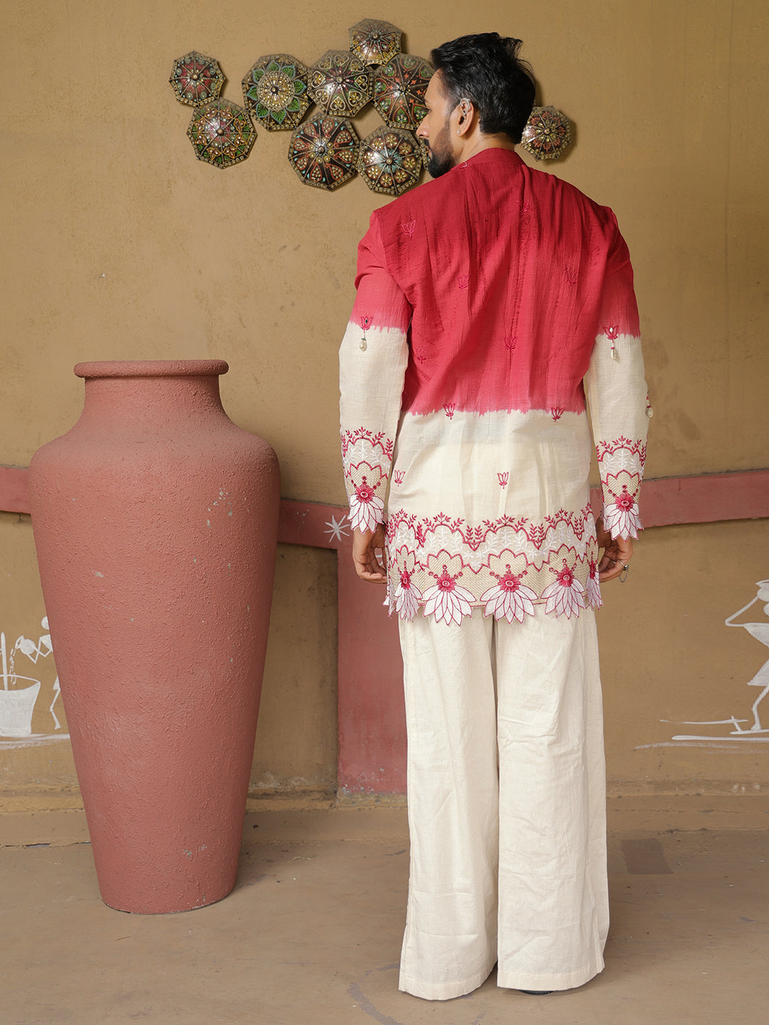 Men's Red & Off White Embroidered Cotton Kurta