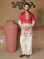 Men's Red & Off White Embroidered Cotton Kurta
