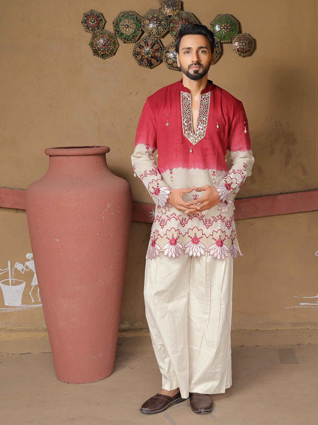 Men's Red & Off White Embroidered Cotton Kurta