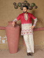 Men's Red & Off White Embroidered Cotton Kurta