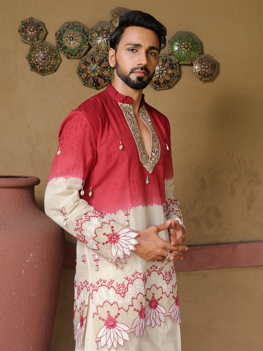 Men's Red & Off White Embroidered Cotton Kurta