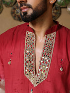 Men's Red & Off White Embroidered Cotton Kurta