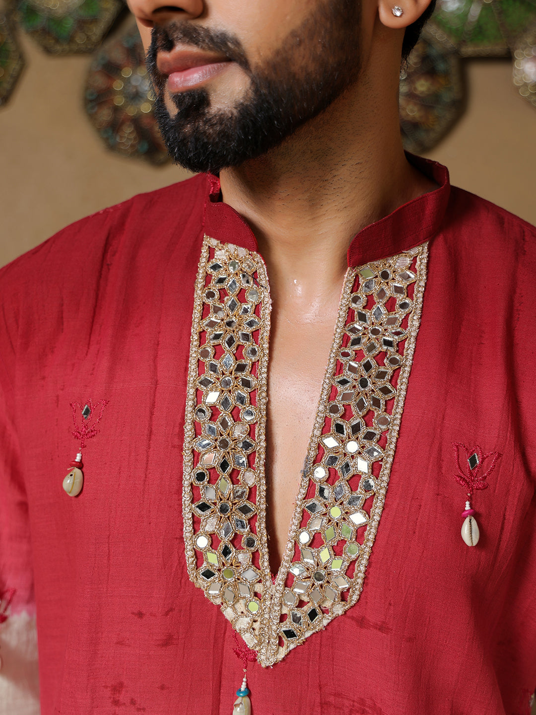 Men's Red & Off White Embroidered Cotton Kurta