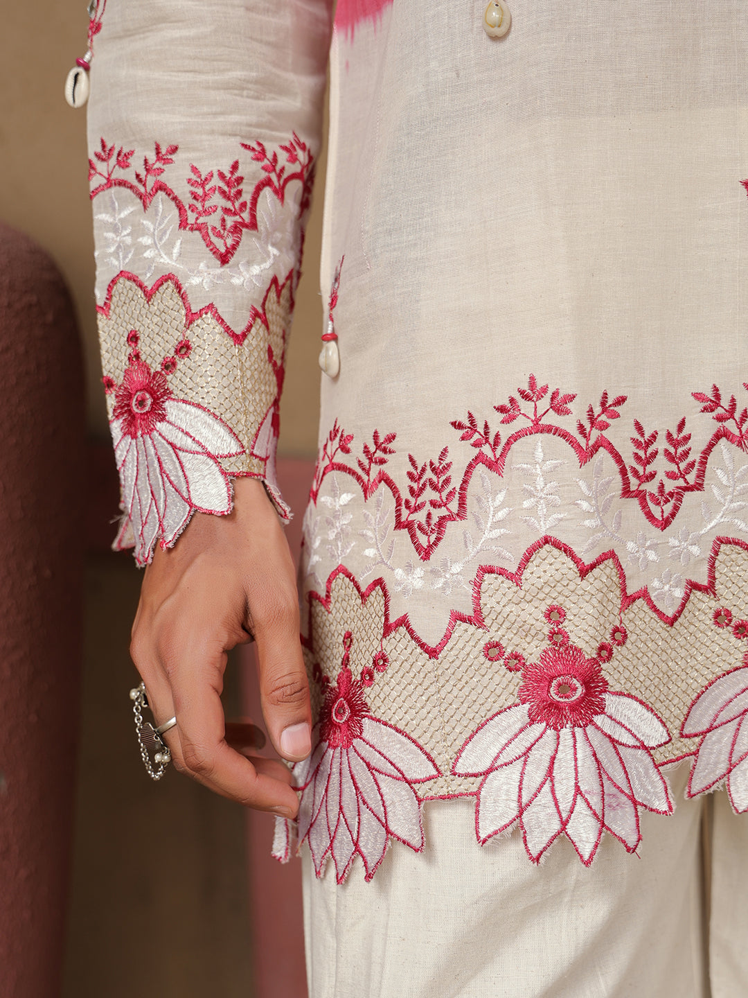 Men's Red & Off White Embroidered Cotton Kurta
