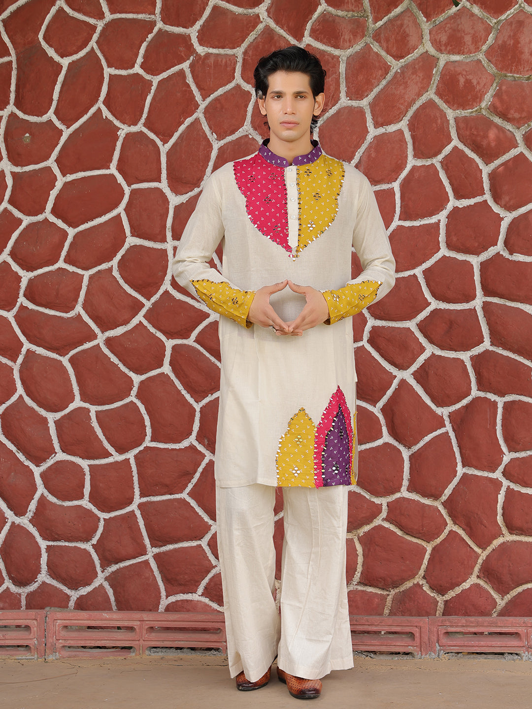 Men’s Off-White Cotton Multicolor Designer Kurta