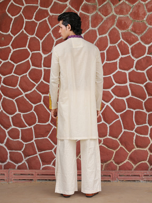 Men’s Off-White Cotton Multicolor Designer Kurta