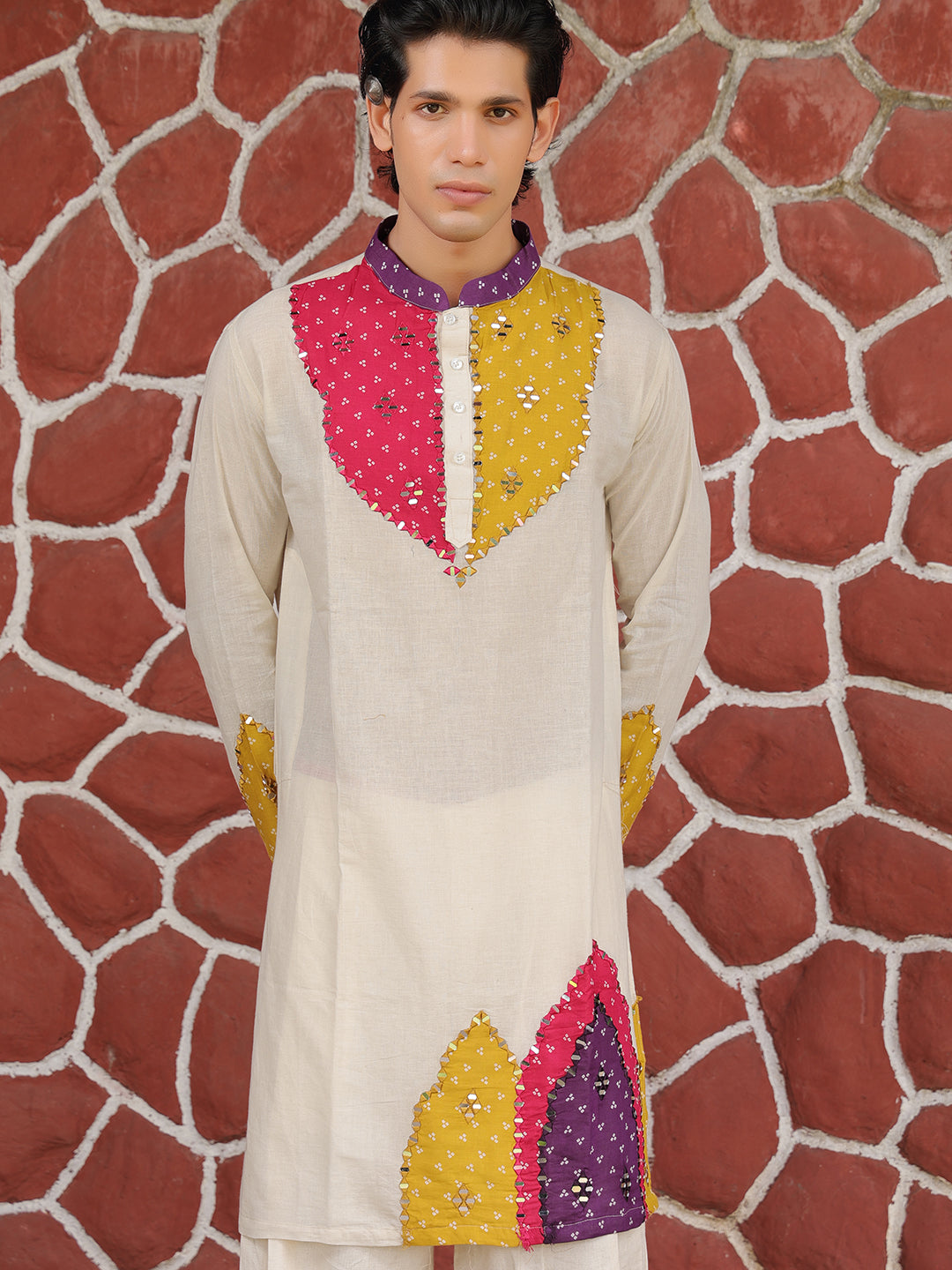 Men’s Off-White Cotton Multicolor Designer Kurta
