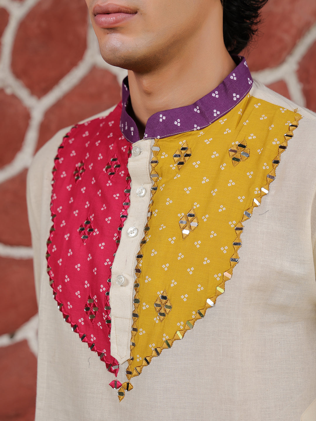 Men’s Off-White Cotton Multicolor Designer Kurta