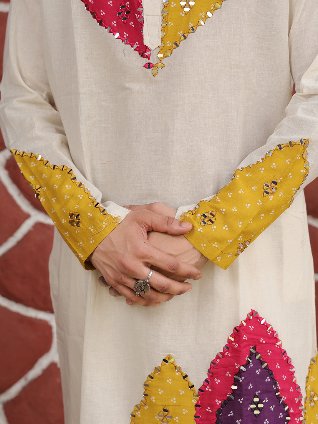 Men’s Off-White Cotton Multicolor Designer Kurta