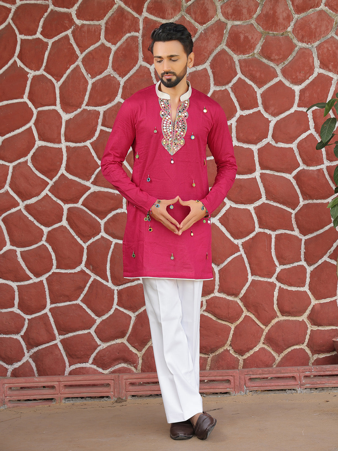 Men’s Pink Cotton Mirror Work Kurta