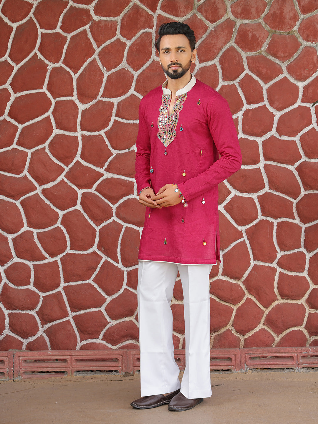 Men’s Pink Cotton Mirror Work Kurta
