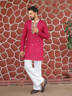 Men’s Pink Cotton Mirror Work Kurta