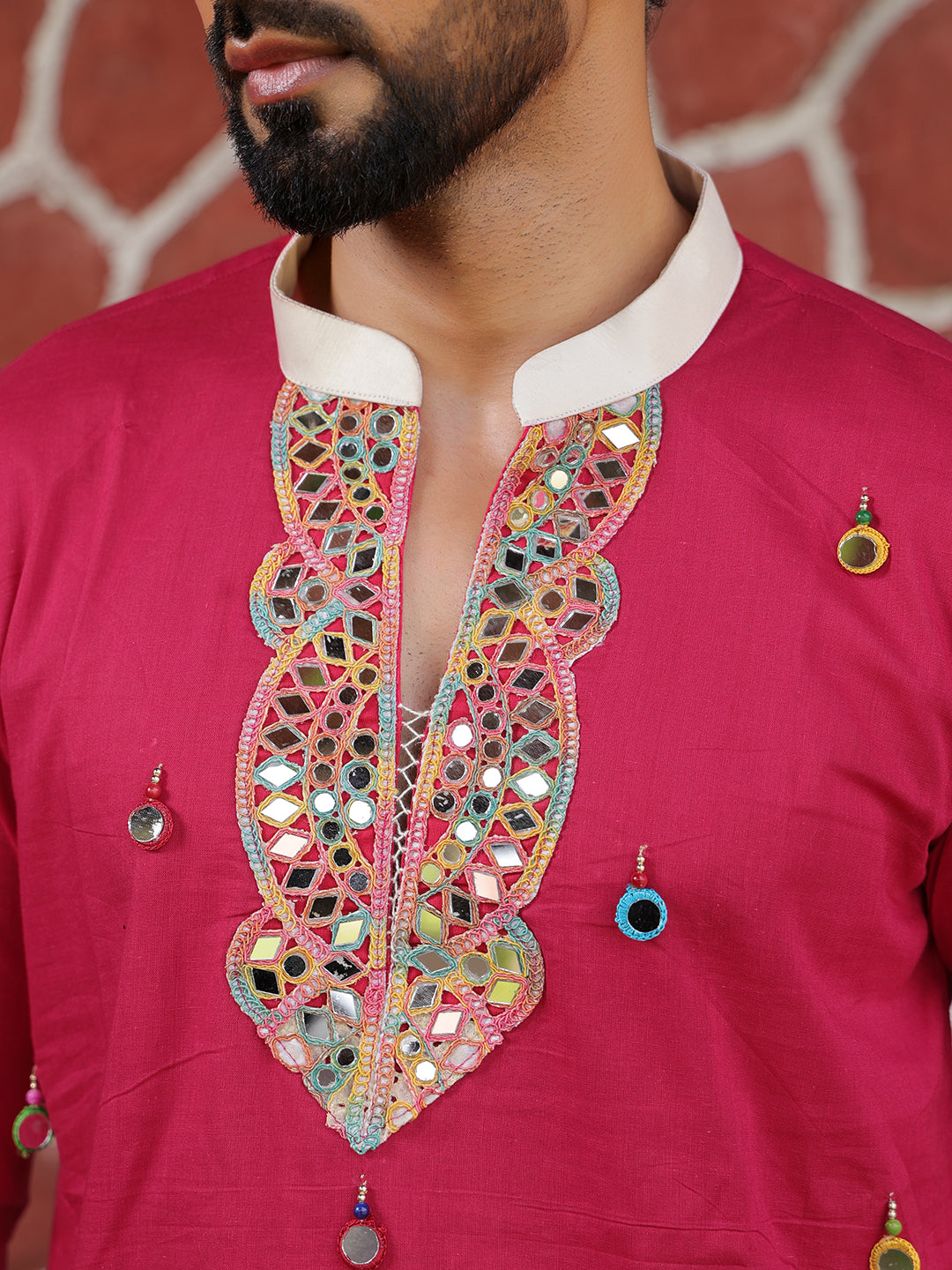 Men’s Pink Cotton Mirror Work Kurta