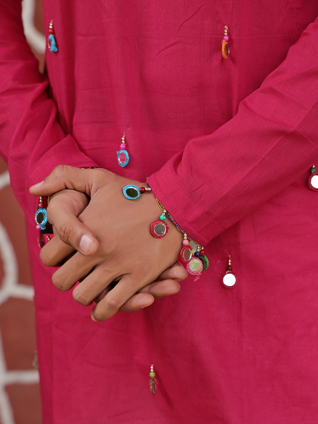 Men’s Pink Cotton Mirror Work Kurta
