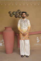 Men's Cream & Mustard Embroidered Mirror Work Kurta with Elephant Motif Thigh-Length Kurta