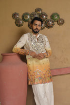 Men's Cream & Mustard Embroidered Mirror Work Kurta with Elephant Motif Thigh-Length Kurta