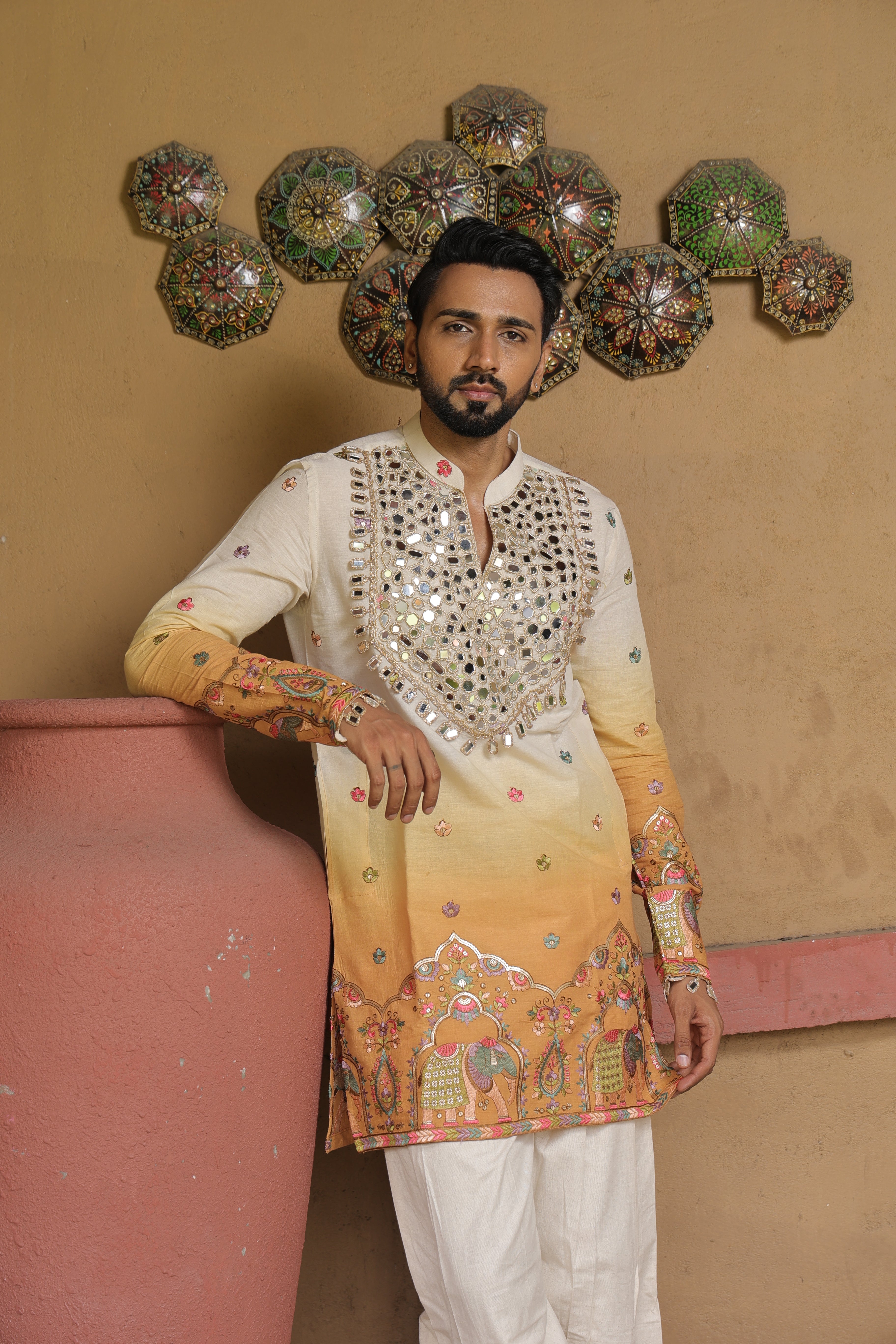 Men's Cream & Mustard Embroidered Mirror Work Kurta with Elephant Motif Thigh-Length Kurta