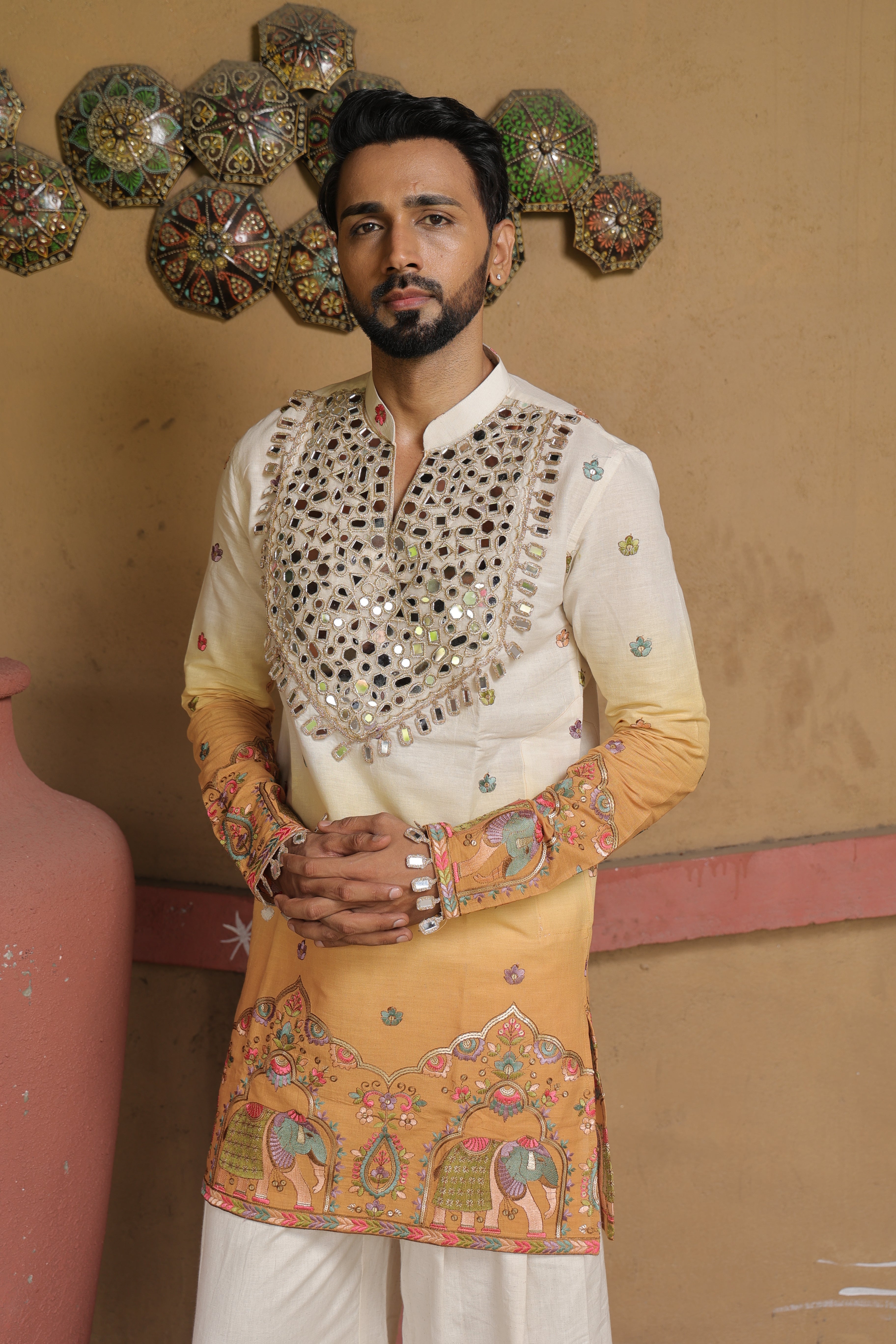 Men's Cream & Mustard Embroidered Mirror Work Kurta with Elephant Motif Thigh-Length Kurta