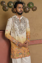 Men's Cream & Mustard Embroidered Mirror Work Kurta with Elephant Motif Thigh-Length Kurta