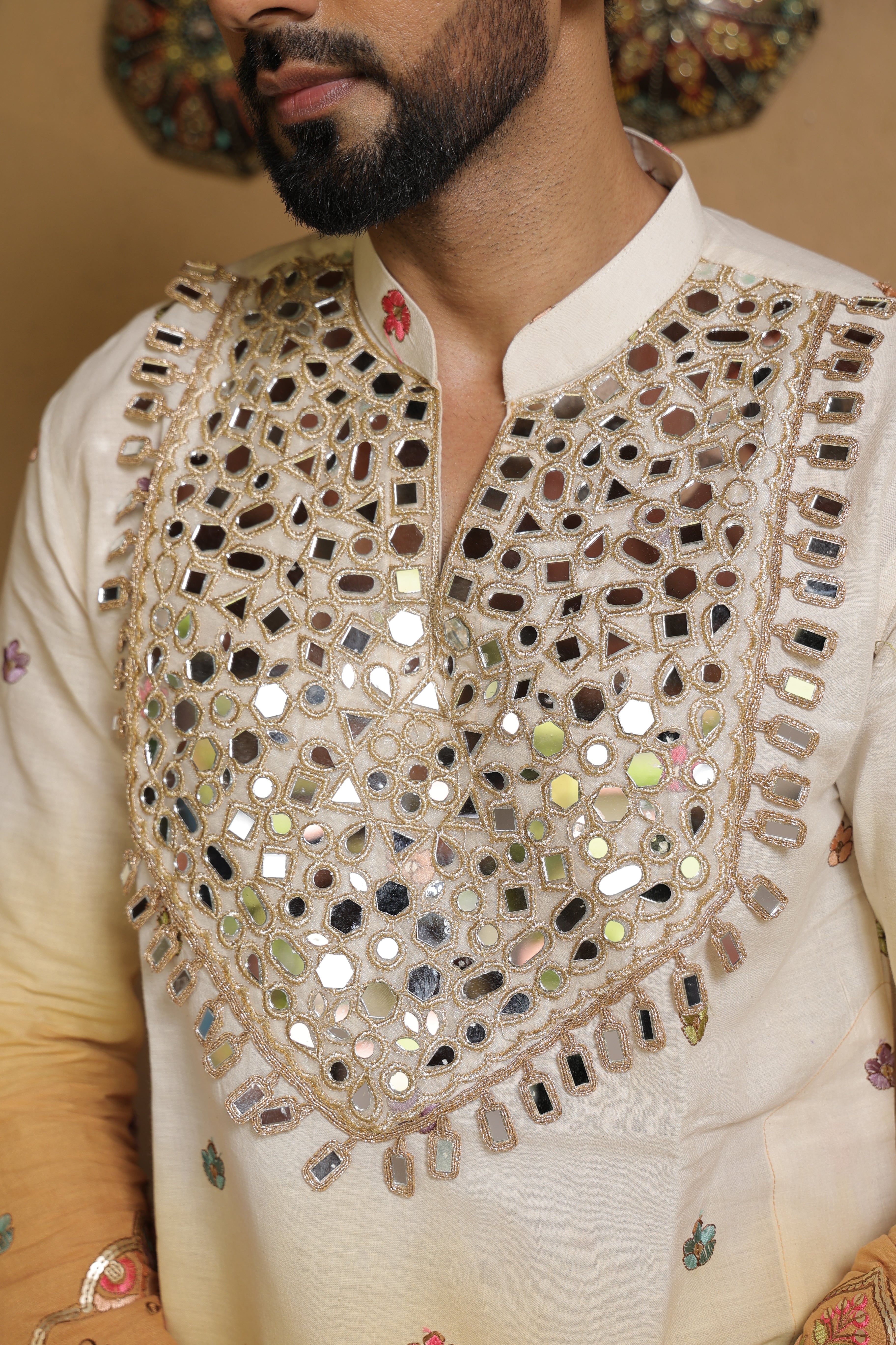 Men's Cream & Mustard Embroidered Mirror Work Kurta with Elephant Motif Thigh-Length Kurta