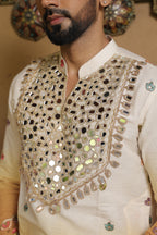 Men's Cream & Mustard Embroidered Mirror Work Kurta with Elephant Motif Thigh-Length Kurta