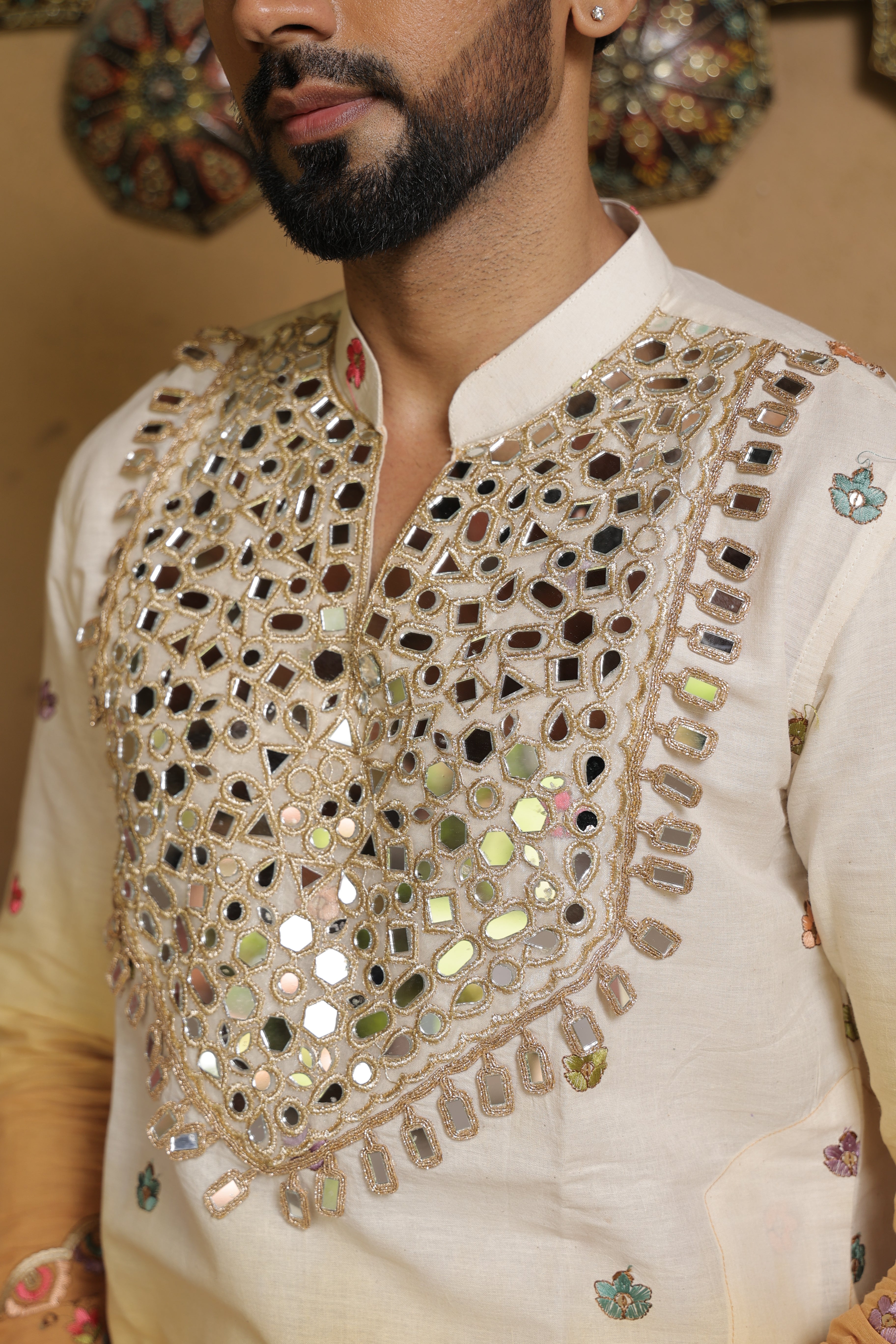 Men's Cream & Mustard Embroidered Mirror Work Kurta with Elephant Motif Thigh-Length Kurta