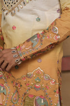 Men's Cream & Mustard Embroidered Mirror Work Kurta with Elephant Motif Thigh-Length Kurta