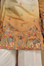 Men's Cream & Mustard Embroidered Mirror Work Kurta with Elephant Motif Thigh-Length Kurta