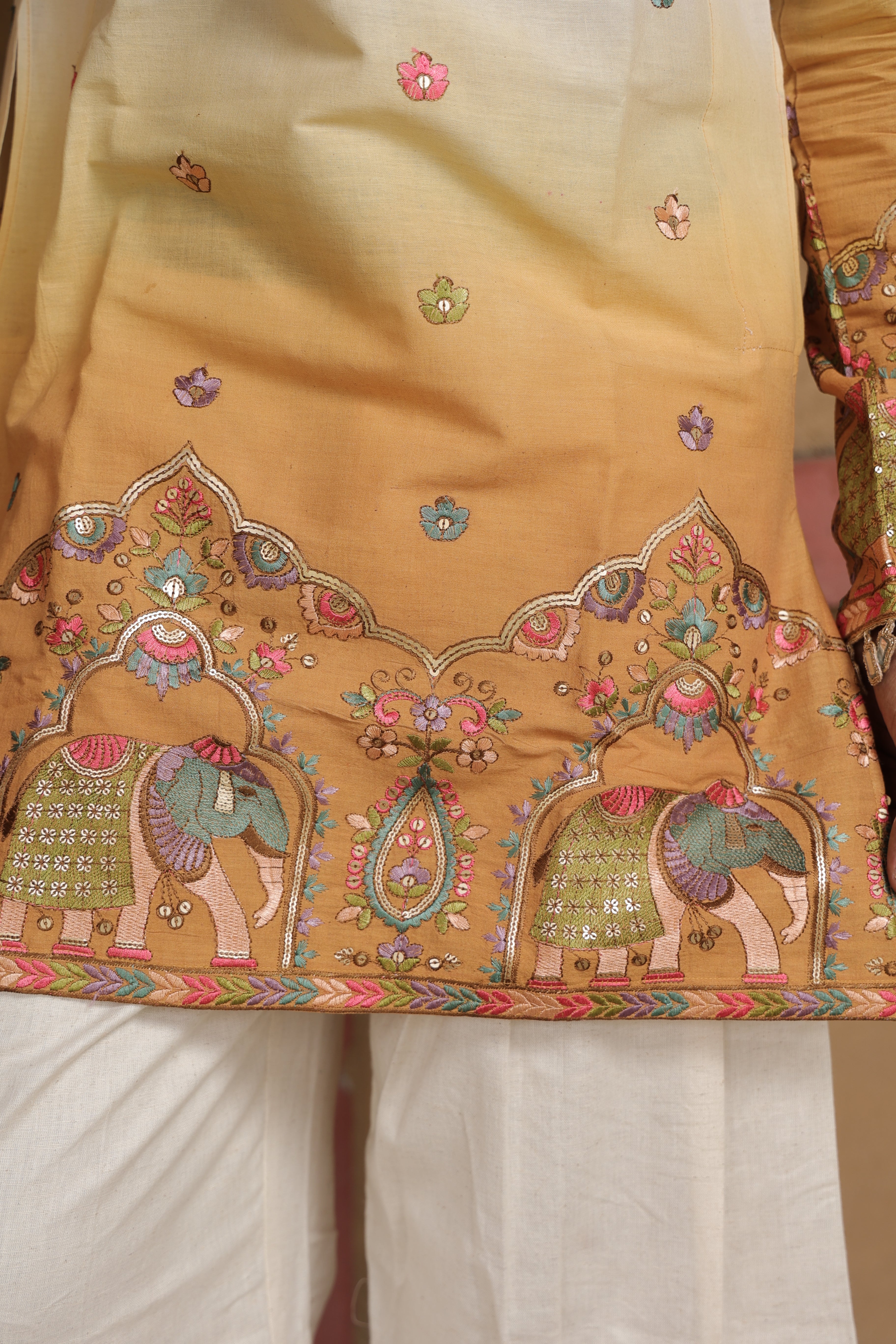 Men's Cream & Mustard Embroidered Mirror Work Kurta with Elephant Motif Thigh-Length Kurta