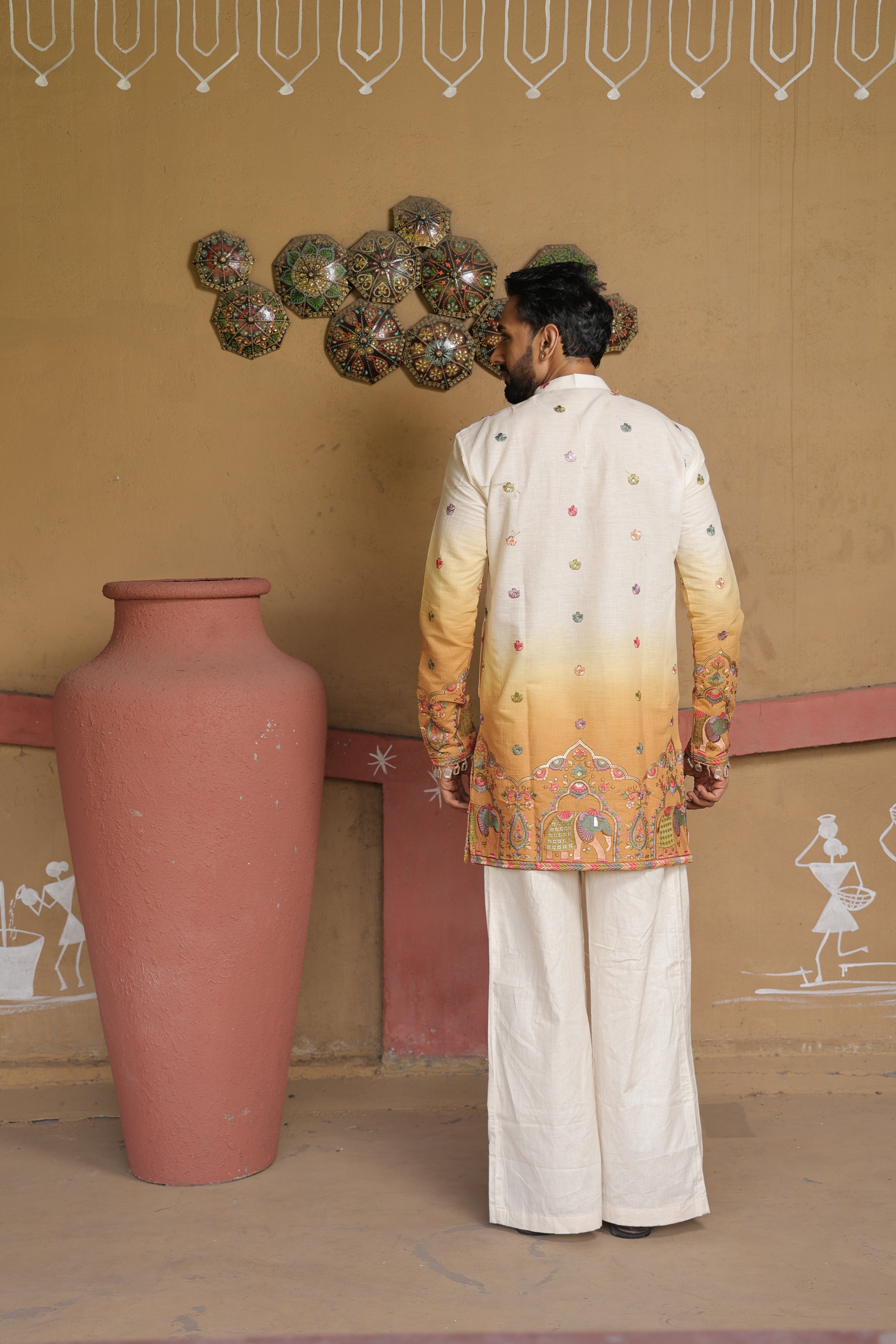 Men's Cream & Mustard Embroidered Mirror Work Kurta with Elephant Motif Thigh-Length Kurta