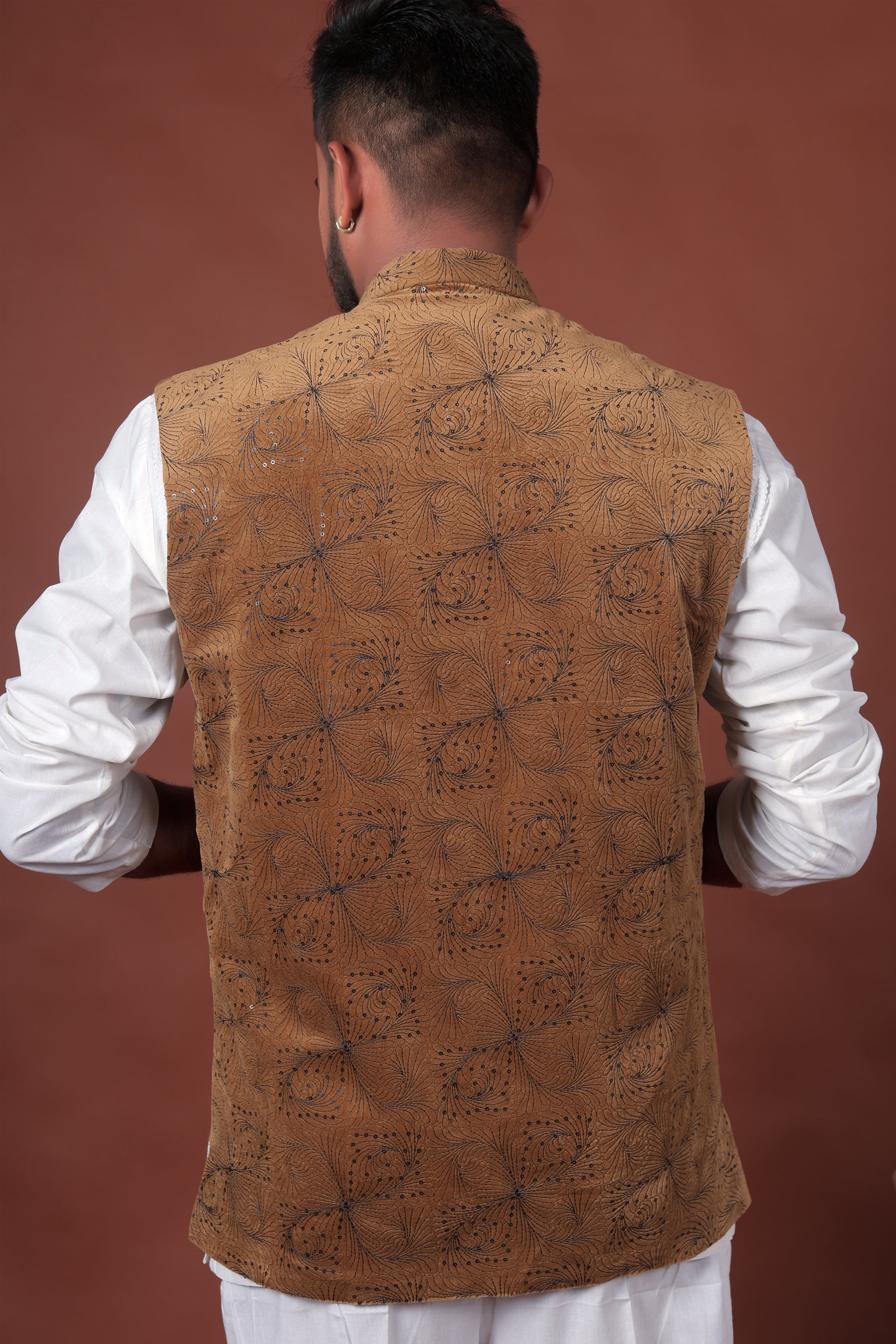 Brown Embroidered Velvet Waistcoat