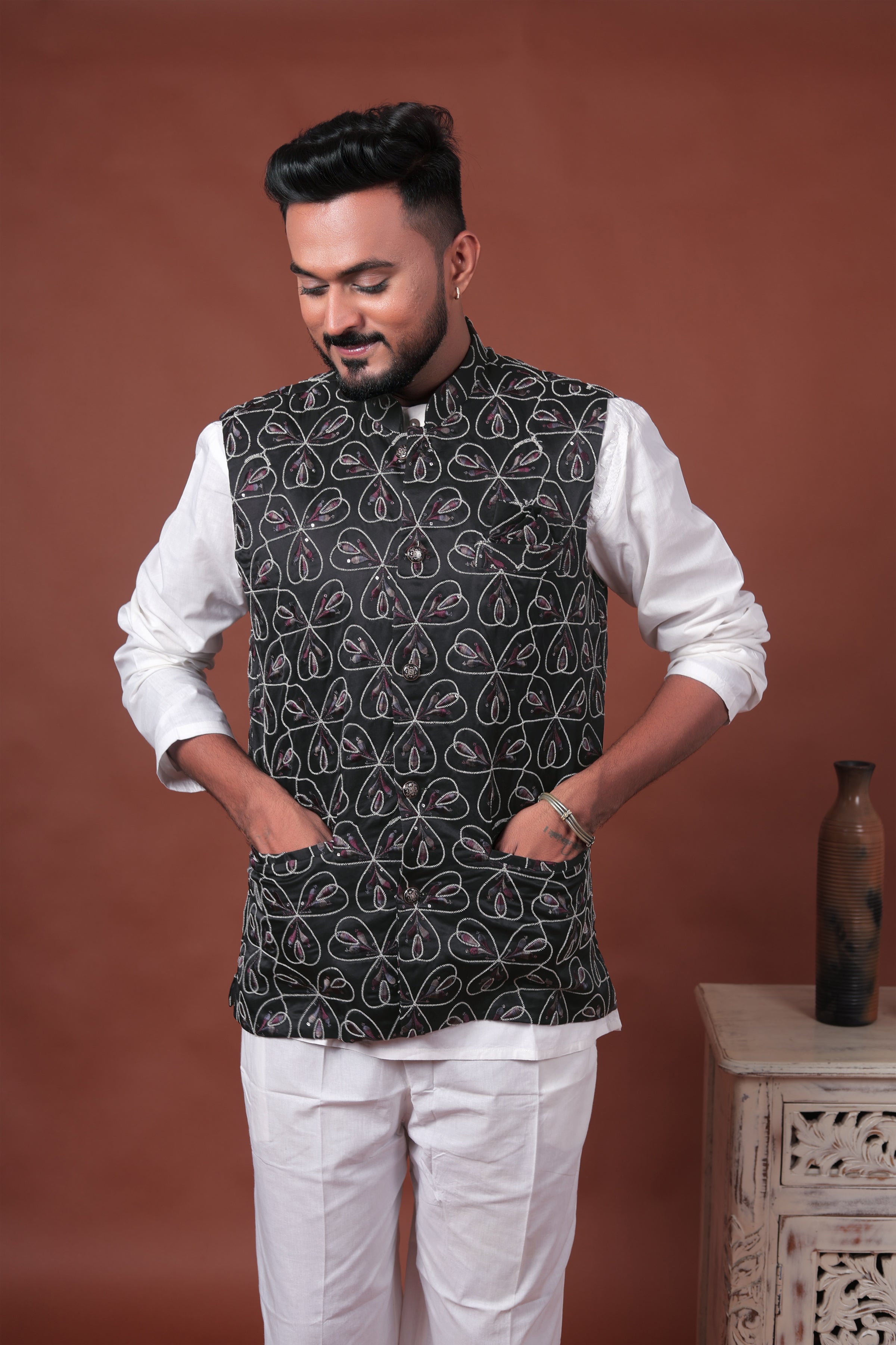 Black Embroidered Velvet Waistcoat