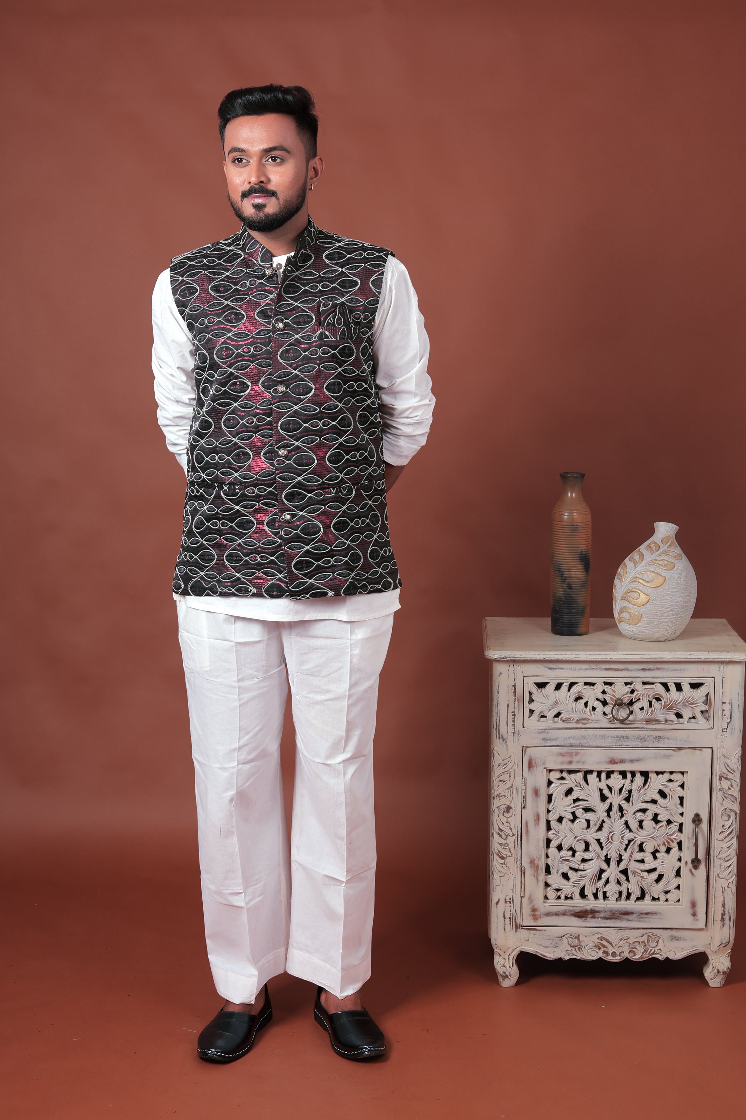 Black Embroidered Velvet Nehru Jacket