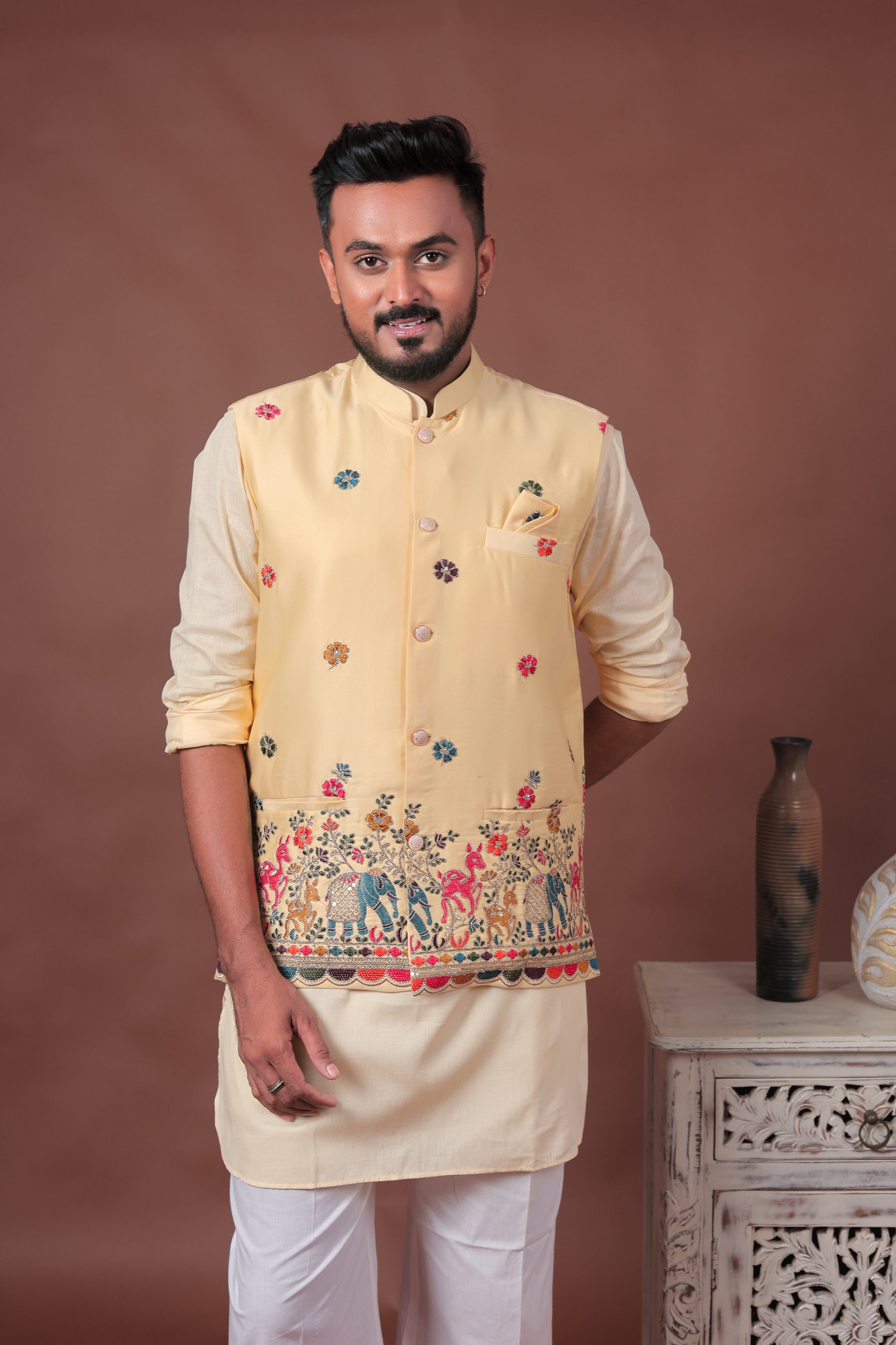 Yellow Velvet Nehru Jacket with Animal & Floral Embroidery